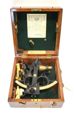 Lot 130 - Henry Hughes & Son (Husun) Sextant No.52381 in black cracked metal with bi-metallic scale and...