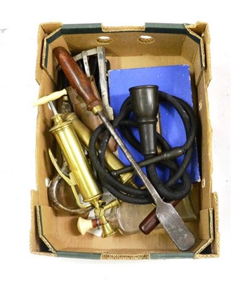 Lot 138 - A Collection of Veterinary Tools, including two brass syringe pumps, tooth rasp, Burdizzo...