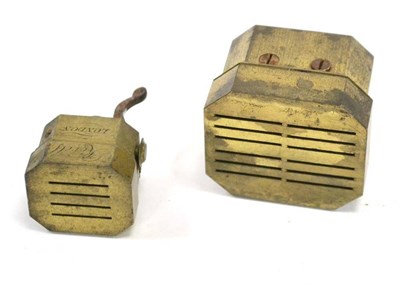 Lot 142 - Brass Scarifiers J & W Wood (Manchester) with 12 blades in 2 rows and a small example by Revell...