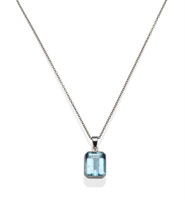 Lot 164 - An 18 Carat White Gold Aquamarine Pendant on Chain, the emerald-cut aquamarine in a collet setting