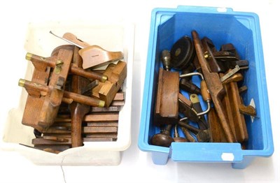 Lot 185 - A Collection of Woodworking Tools, including beech planes, drills, shaves etc., in two boxes