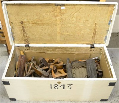 Lot 187 - A Painted Pine Toolbox and Contents, including beech planes, chisels and gouges, awls, plough...