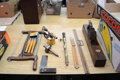 Lot 188 - Mixed Tools, including boxwood rules, mortice gauge, Mathieson beech jack plane, set square,...