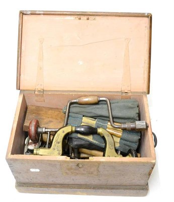 Lot 192 - A Collection of Woodworking Tools, including a brass bound ebony brace by Marples, roll of...
