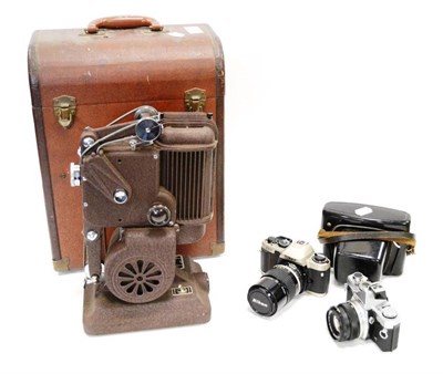 Lot 198 - Ampirp Precision Projector in original case, together with three cameras: Nikon FE10, Olympus...