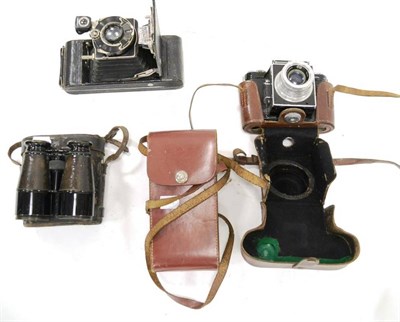 Lot 216 - Kodak No.1a Series III Folding Camera in leather case, Agiflex Agilux (cased) and a pair of...