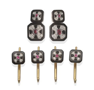 Lot 176 - ~ A Cufflinks and Button Suite, each octagonal head set with rubies and diamonds, with black enamel