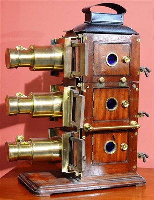 Lot 286 - A Rare 19th Century Mahogany and Brass Tri-unial Magic Lantern, no makers name, with extending...