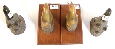 Lot 342 - Four Carved Ox Horn Tips, early 20th century, two on shields