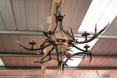 Lot 402 - A Red Antler Six-Branch Chandelier, 20th century, the artfully arranged antlers issuing from an...