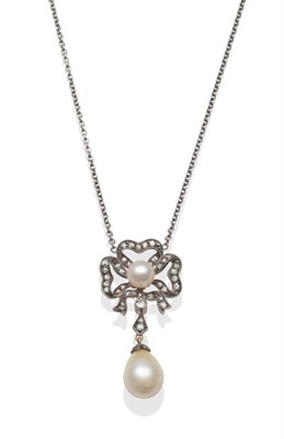 Lot 201 - A Cultured Pearl and Diamond Necklace, with a pendant drop as a bow form, set with rose cut...