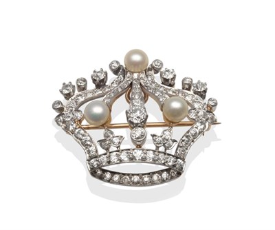 Lot 209 - ~ A Coronet Brooch, set with three cultured pearls and old cut diamonds, in undulating form,...