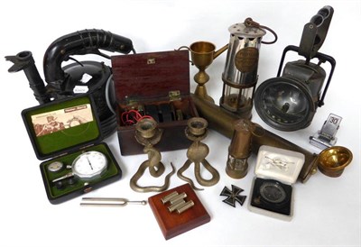 Lot 1009 - Mixed Lot including Protector Miners lamp, Carbide lamp, Aldis signal lamp, electric shock machine