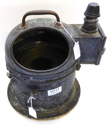 Lot 1011 - Ships Binnacle Mounted Brass Compass with original casing with lamp holder to side and brass plaque