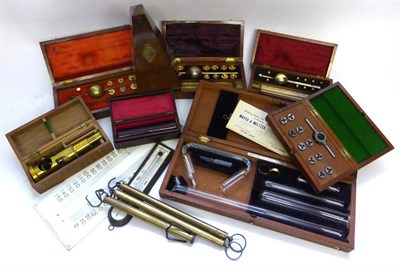 Lot 1012 - Sikes Three Hydrometers in wooden cases with inlayed labels to lids, a small portable brass...