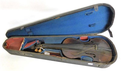 Lot 1056 - A 19th Century French Violin, no label, with a 348mm one piece back, boxwood tuning pegs, in a...