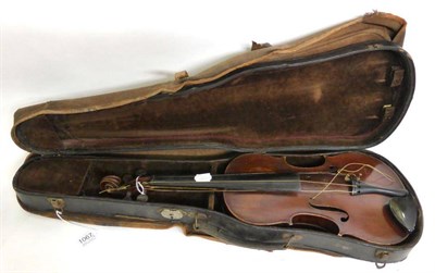 Lot 1067 - A 19th Century German Violin, no label, with a 356mm two piece back, rosewood tuning pegs, cased