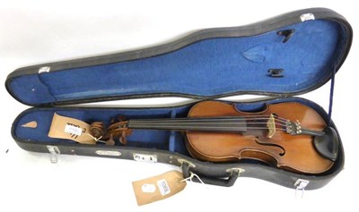 Lot 1068 - A 19th Century German Violin, no label, with a 358mm two piece back, rosewood tuning pegs, in a...