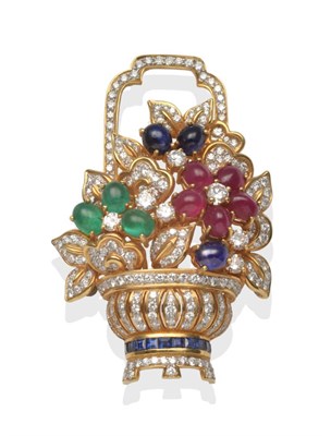 Lot 223 - ~ A Flower Basket Brooch, with cabochon rubies, sapphires and emeralds, calibré cut sapphires, and