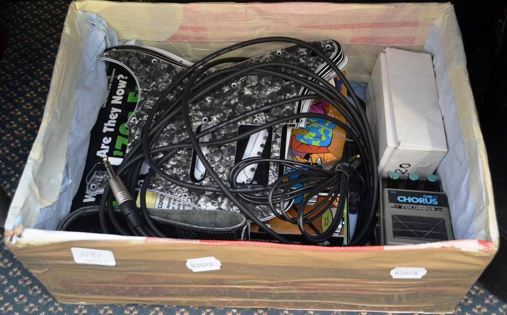 Lot 1091 - A Mixed Box of Guitar Spares, including a Fender strat style pick guard with three single coil...