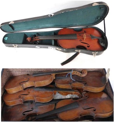 Lot 1106 - Eight Mixed French and German Violins, mainly 19th century full size, one cased