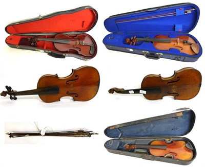 Lot 1107 - Five Violins, mainly 19th century German, three cased, together with seven bows
