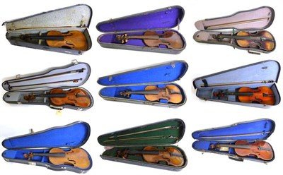 Lot 1108 - Nine Cased Violins, mainly distressed 19th century German, some with bows, together with an...