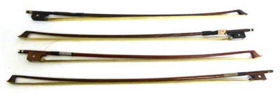 Lot 1109 - Three 19th Century Cello Bows, together with a violin bow, no makers stamps (4)