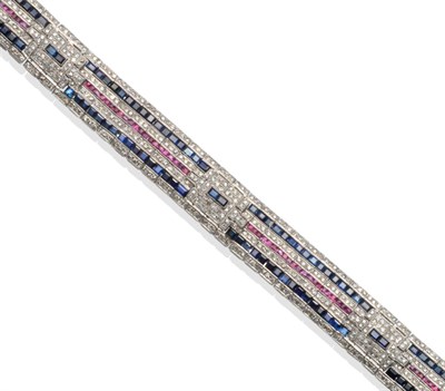 Lot 230 - ~ A Sapphire, Ruby and Diamond Bracelet, the geometric links set with eight-cut diamonds, step...