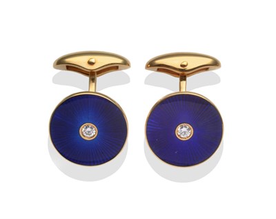 Lot 231 - ~ A Pair of Modern Faberge Cufflinks, a round brilliant cut diamond within a blue guilloche...