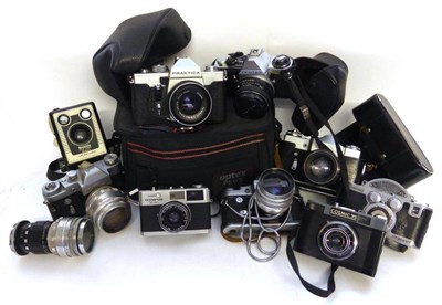 Lot 1145 - Cameras: A Mixed Lot Praktica MLT3, Olympus 35RC, Univex Mercury, Pentax ME Super, two Zenit 3M and