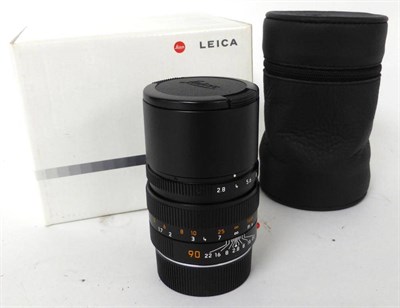 Lot 1164 - Leica Elmarit F2.8/90mm Lens No.3824163, for a Leica 'M' camera, with black anodized finish,...