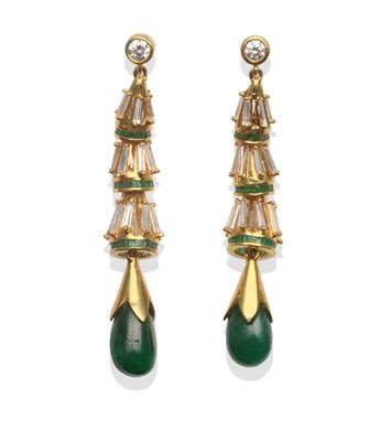 Lot 250 - A Pair of Emerald and Diamond Drop Earrings, a round brilliant cut diamond stud suspends three...