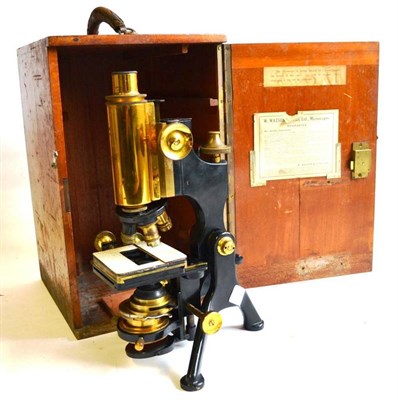 Lot 1020 - A Lacquered Brass and Black Enamelled Monocular Compound Microscope by W.Watson & Sons, London,...