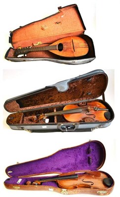 Lot 1059 - Six Violins, mainly 19th century German, all cased, together with a cased mandolin (7)