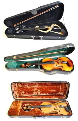 Lot 1077 - Three Stringed Instruments, comprising a 19th century German violin with two bows, a 20th...