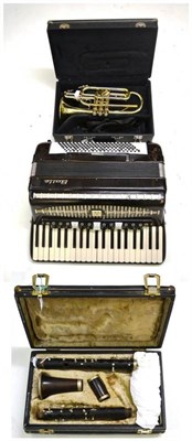 Lot 1106 - Three Instruments - a brass cornet by Blessing in fitted case, a Baile piano accordion and a...