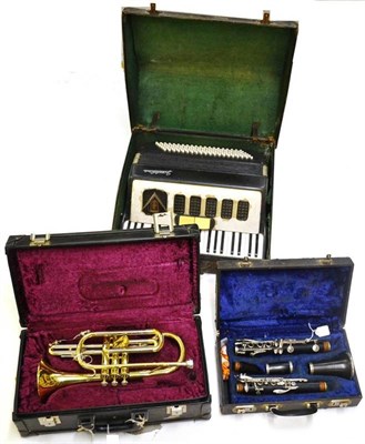 Lot 1113 - Mixed Instruments - Frontalini piano accordion in case, a brass Blessing cornet in a case, Boosey &