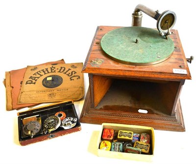 Lot 1129 - An Oak Cased Table Top Gramophone - The Pathephone, with Pathe soundbox and inbuilt horn,...