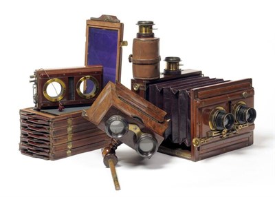 Lot 1140 - A Fine Mahogany and Brass Tailboard Stereo Camera Outfit, maker unknown, half plate size, with...