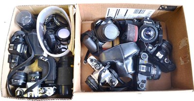 Lot 1147 - Eight 35mm Cameras, including two Nikon EM, Fujica AX-1, Olympus OM-1, Pentax ME Super, Mamiya...