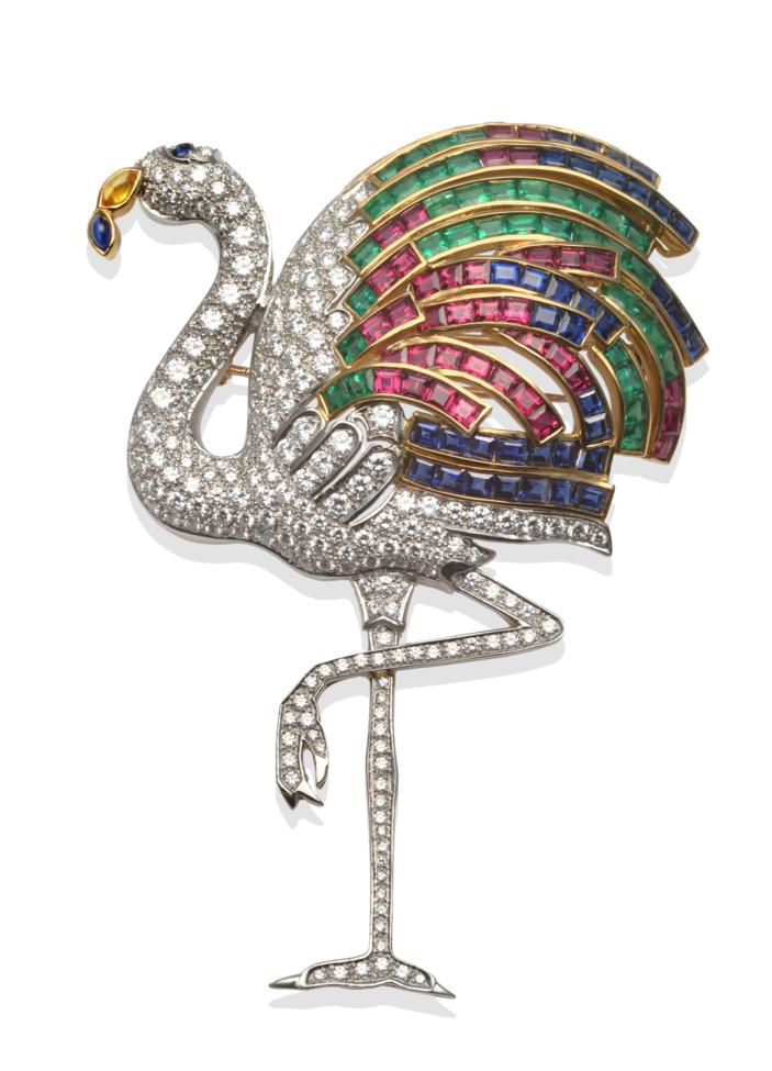 Lot 271 - ~ A Multi-Gemstone Flamingo Brooch, after Cartier, set throughout with step cut rubies,...