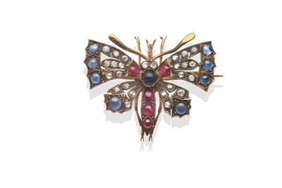 Lot 272 - ~ A Multi-Gemstone Butterfly Brooch, set with cabochon sapphires and rubies, and rose cut diamonds