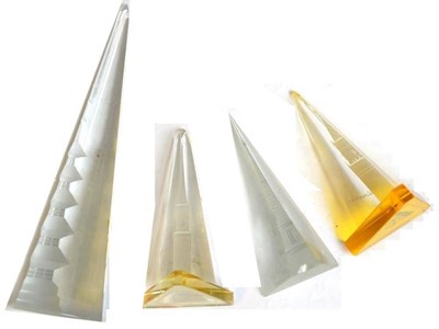 Lot 1184 - Four Cut Glass Optical Obelisks, all featuring buildings, including The Eiffel Tower, Japanese...