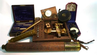 Lot 1011 - Mixed Instruments, including a watchmakers lathe, two telescopes, cased set of drawing instruments