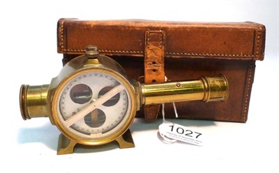 Lot 1027 - A Lacquered Brass Level, with magnetic compass, silvered dial, in a stitched leather case