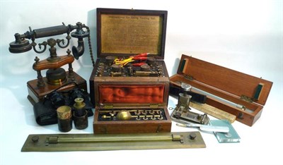 Lot 1036 - Mixed Instruments, including a Wheatstone Bridge, mahogany cased hydrometer, wooden telephone...