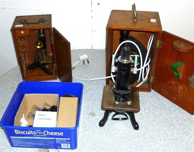 Lot 1043 - Three Microscopes - Watson 'Service' No.86708, with black enamelled finish, Britex Student...