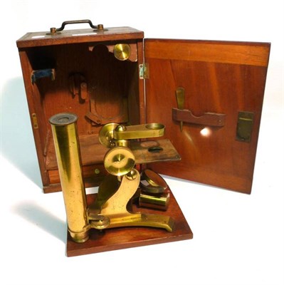 Lot 1050 - A 19th Century Lacquered Brass Monocular Compound Microscope, with rack and pinion coarse and...