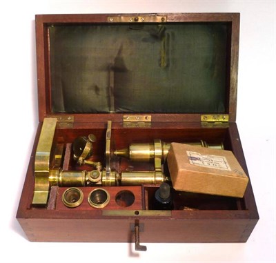 Lot 1052 - A 19th Century Lacquered Brass Monocular Compound Microscope, with rack and pinion and draw...